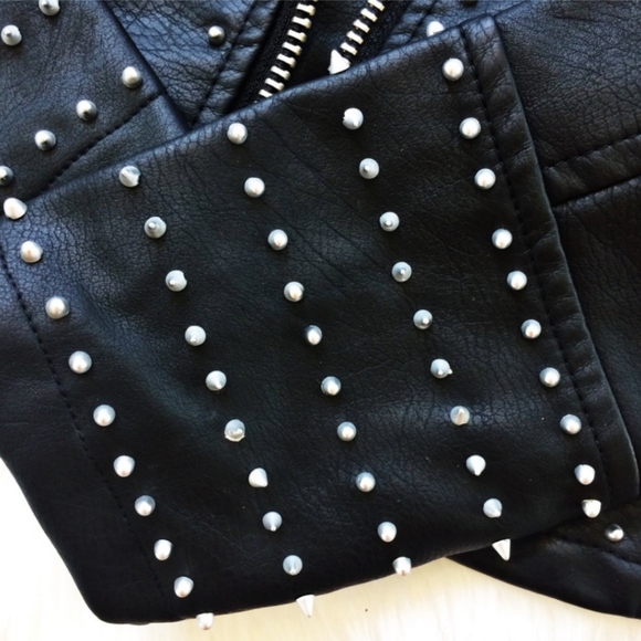 BlankNYC Black Vegan Leather Floral Studded Spiked Moto Jacket - Picture 7 of 10